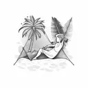 character lying on a hammock between two palm trees tattoo design idea