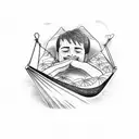 a character lying on a hammock with his head upside down with the hammock the child between two palm trees tattoo design idea