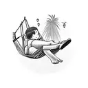 a character lying on a hammock with his head upside down with the hammock the child between two palm trees tattoo design idea