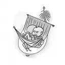 a character lying on a hammock with his head upside down with the hammock the child between two palm trees tattoo design idea