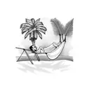 character lying on a hammock between two palm trees tattoo design idea