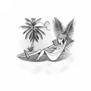 character lying on a hammock between two palm trees tattoo design idea
