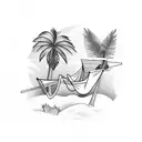 character lying on a hammock between two palm trees tattoo design idea