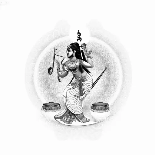 A black-grey tattoo of Goddess Lakshmi surrounded by musical instruments like guitars and drums, representing the client's favorite things tattoo design idea