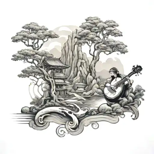 A black-grey tattoo of a tranquil Vietnamese landscape with musical instruments subtly integrated, embodying the client's interests in music and Vietnamese culture tattoo design idea