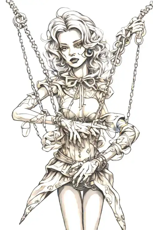 puppet master with strings attached to binded girl tattoo design idea