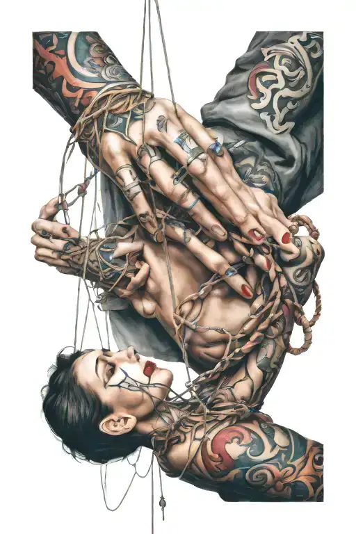 woman held by puppet strings controlled by a hand tattoo design idea
