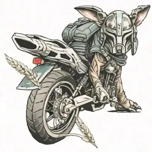 mandalorian, sportbike, dog, ear of wheat tattoo design idea