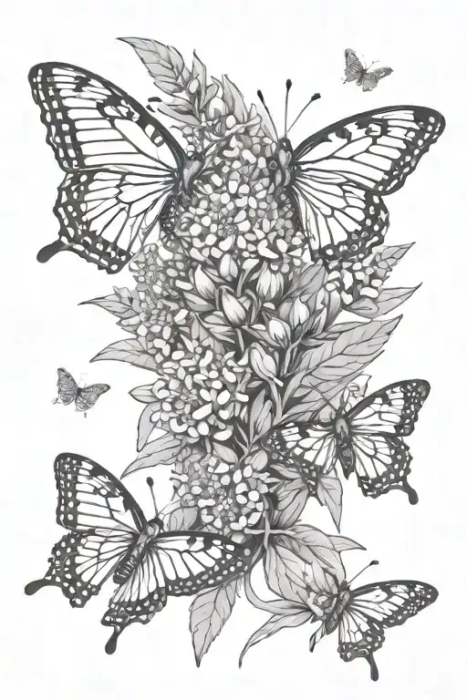 Buddleia bush with butterflies and bees buzzing tattoo design idea