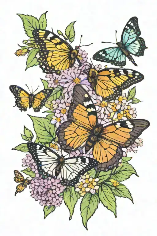 Buddleia bush with butterflies and honey bees pollinating tattoo design idea