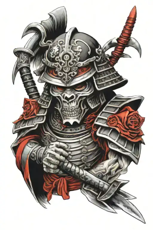 Samurai wearing red and black armour with a skull face tattoo design idea