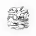 A sunset over the Caribbean with soccer players and sailboats silhouetted in the foreground tattoo design idea