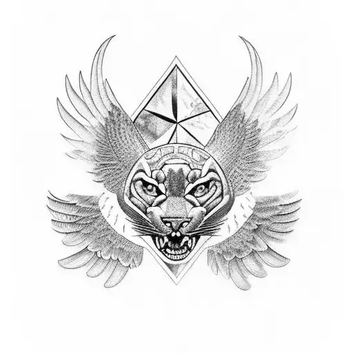 Incorporate the panther face and eagle wings into a blackwork tattoo that represents the harmony between music and nature tattoo design idea