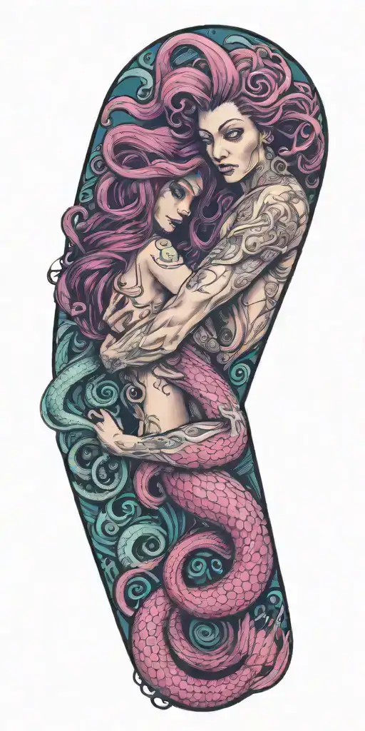 kraken hugging sexy mermaid with tentacles wrapping tattoo design idea