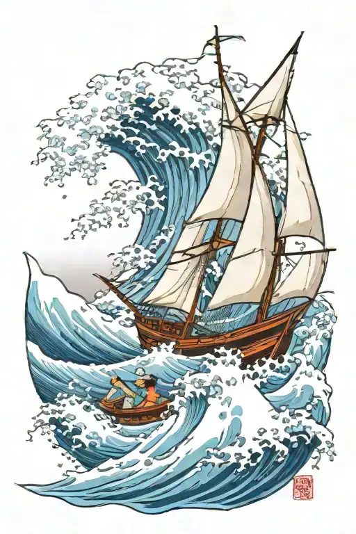 sailboat amidst waves crashing tattoo design idea