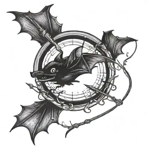 a bat that flies over a fishing rod that has a sewing needle instead of a hook at the end of the thread tattoo design idea
