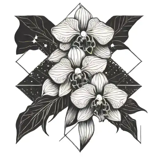 Orchids that turn into irises in space surrounded by stars. Above it, there is an outline of a city Mali Lošinj tattoo design idea