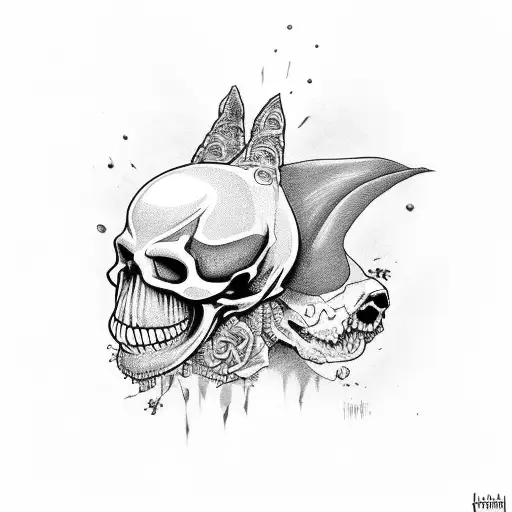 evil Frenchie skull scary long tongue  tattoo design idea
