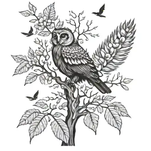 pecan tree 5 martin birds 1 raven 1 owl  tattoo design idea