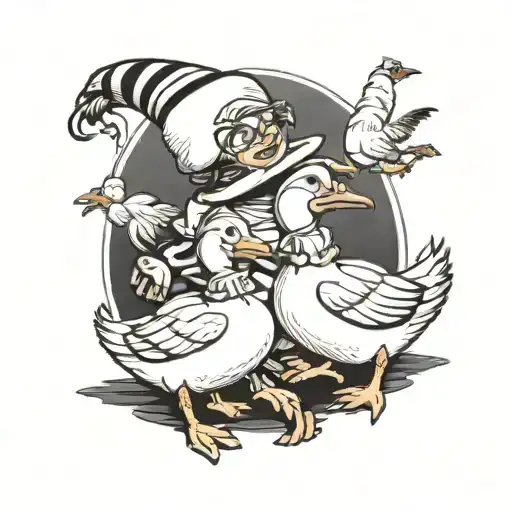 A comical tattoo of Mother Goose and her three baby geese dressed up in funny costumes, with one of the baby geese wearing a baseball hat tattoo design idea
