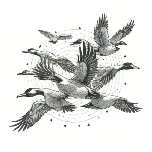 Geese flying in formation with each representing a family member, symbolizing unity and strength tattoo design idea