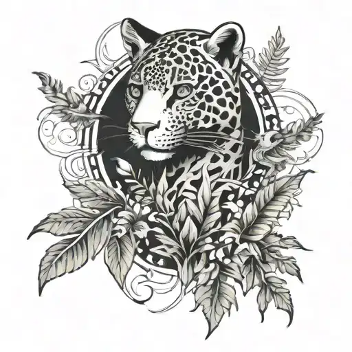 gothic jaguar and dragon with leafs and ferns and birds tattoo design idea