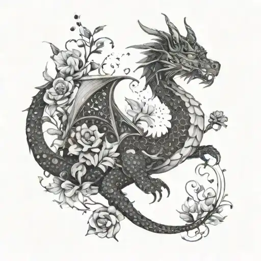dragon with cats plants and birds tattoo design idea