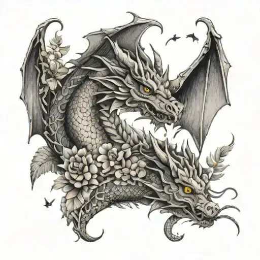 dragon with cats plants and birds tattoo design idea