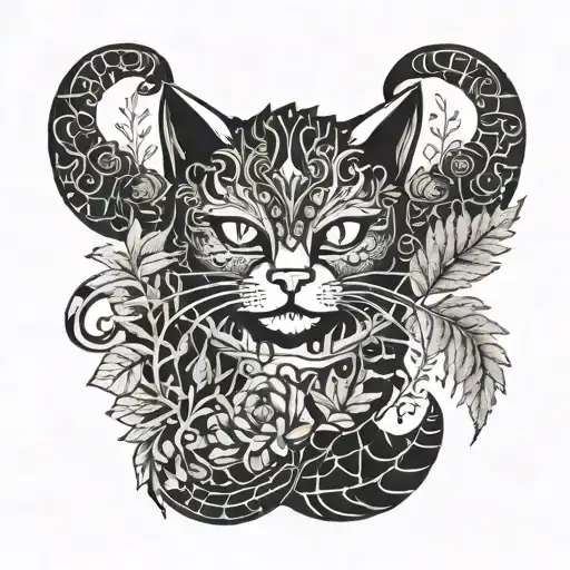 gothic cat and dragon with leafs and fern tattoo design idea