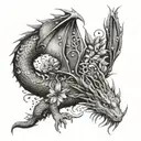 dragon with cats plants and birds tattoo design idea