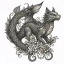 dragon with cats plants and birds tattoo design idea