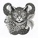 gothic cat and dragon with leafs and fern tattoo design idea