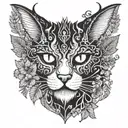 gothic cat and dragon with leafs and fern tattoo design idea