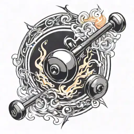 Design a minimalist tattoo incorporating a snooker cue morphing into a dumbbell, with a small flame above them symbolizi tattoo design idea