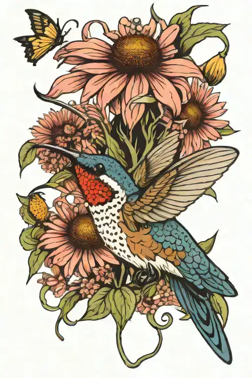 echinacea flower forget me nots hummingbird hovering tattoo design idea
