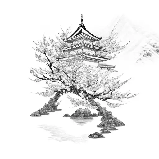japanese temple with a cherry blossom and Torii gate tattoo design idea