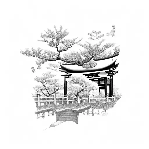 japanese traditional temple with a cherry blossom and Torii gate tattoo design idea