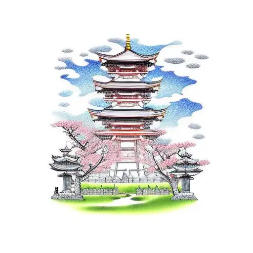 torii gate, temple, cherry blossoms sleeve tattoo design idea