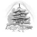 japanese traditional temple with a cherry blossom and Torii gate tattoo design idea