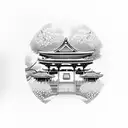 japanese traditional temple with a cherry blossom and Torii gate tattoo design idea