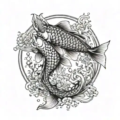 two koi fish swimming in a circle with water showing bubbles and reef tattoo design idea