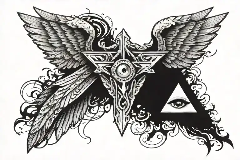 Angel wings , holy cross , Illuminati triangle eye tattoo design idea