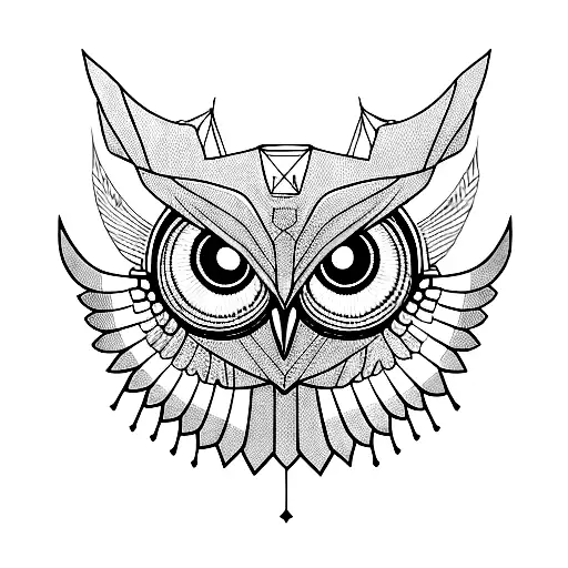 a robot owl head and wings with lots of geometrics details divided by a vertical line in the middle  tattoo design idea
