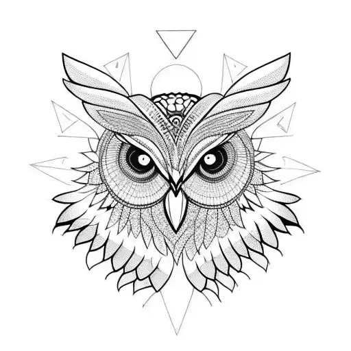 an owl head and wings with lots of geometrics details divided by a vertical line in the middle  tattoo design idea