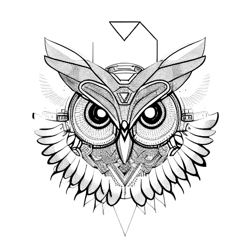 a robot owl head and wings with lots of geometrics details divided by a vertical line in the middle  tattoo design idea