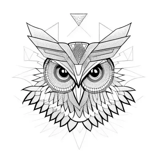 a robot owl head and wings with lots of geometrics details divided by a vertical line in the middle  tattoo design idea