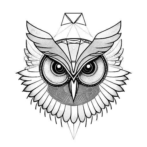 a futuristic owl head and wings with lots of geometrics details divided by a vertical line in the middle  tattoo design idea