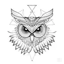 a robot owl head and wings with lots of geometrics details divided by a vertical line in the middle  tattoo design idea