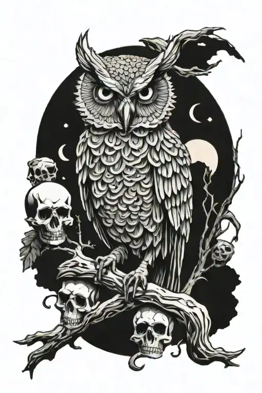 zombie owl perched on skull tattoo design idea