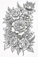 A vertical spine tattoo with carnation flower, rose flower, larkspur flower, chrysanthemum flower, a hawthorn flower tattoo design idea